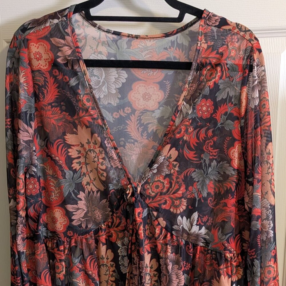 Shein Womens Size 2XL Bell Sleeve Sheer Floral Blouse